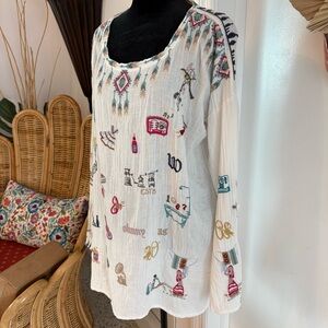 JOHNNY WAS Rondo Embroidered White Cotton Tunic Top! Day or Night Casual  Medium